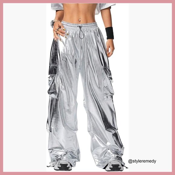 Pants - Metallic Cargo Pants Wide Leg Baggy Joggers Polyester Blend